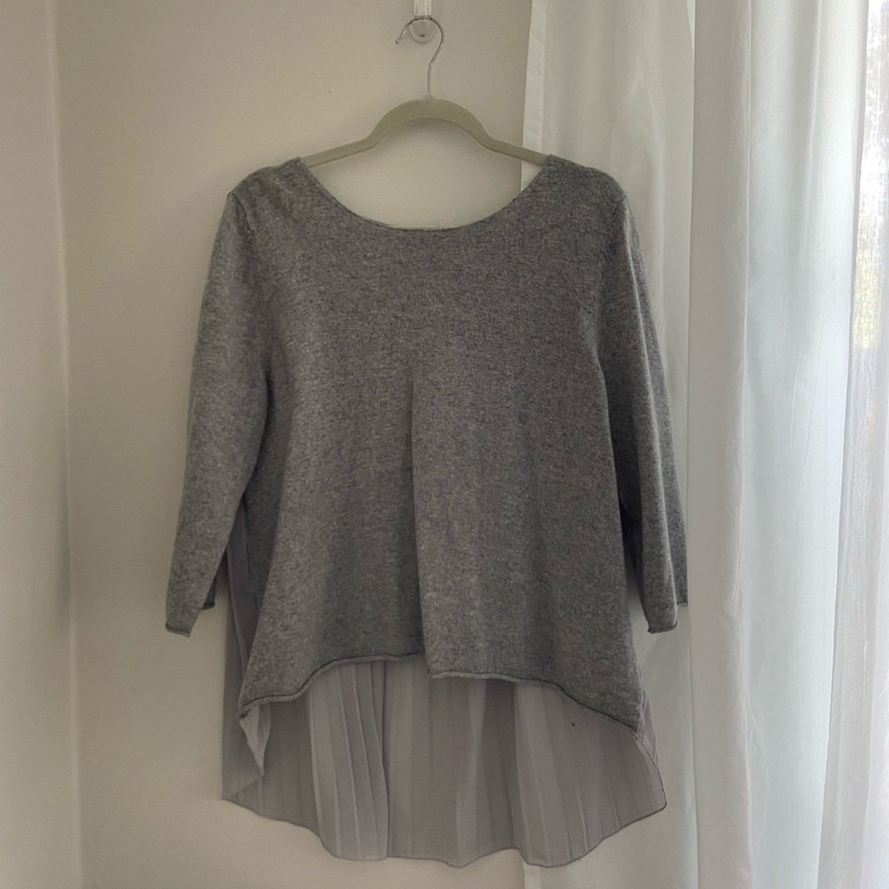 Neiman Marcus Grey Cashmere 3/4 Sleeve Raw Hem Low High Sheer Back | XL